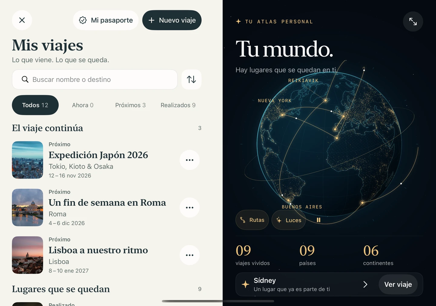 My trips on the inner screen of the iPhone Duo simulator, showing the library and Your world personal atlas with fictional trips