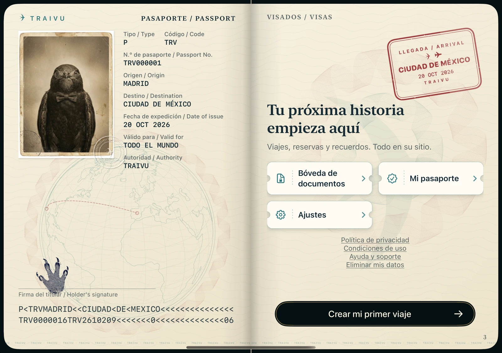 Open Traivu passport on the inner screen of the iPhone Duo simulator, with no trips yet: data page with the sepia portrait of the swift and visa page with an arrival stamp, interface in Spanish