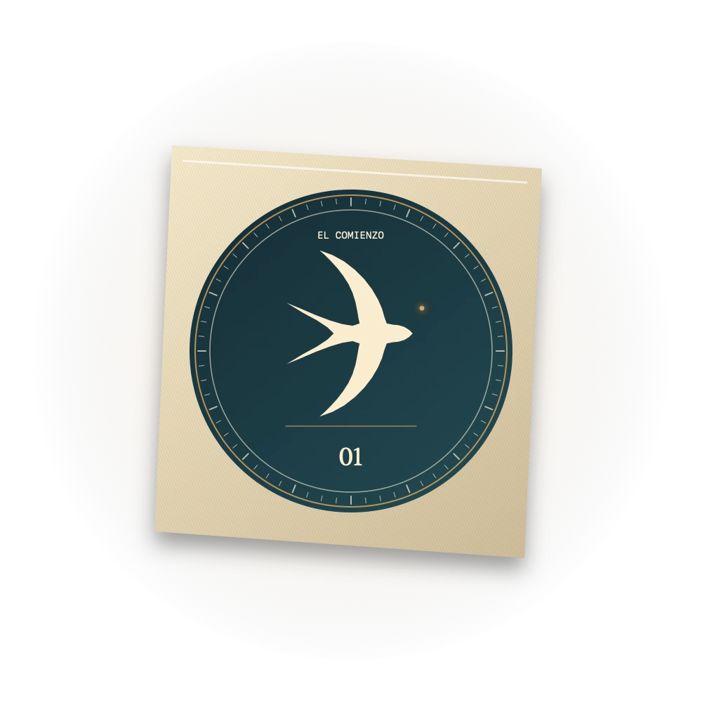 The Beginning: original Traivu passport artwork with an engraved swallow, gold details and textured paper