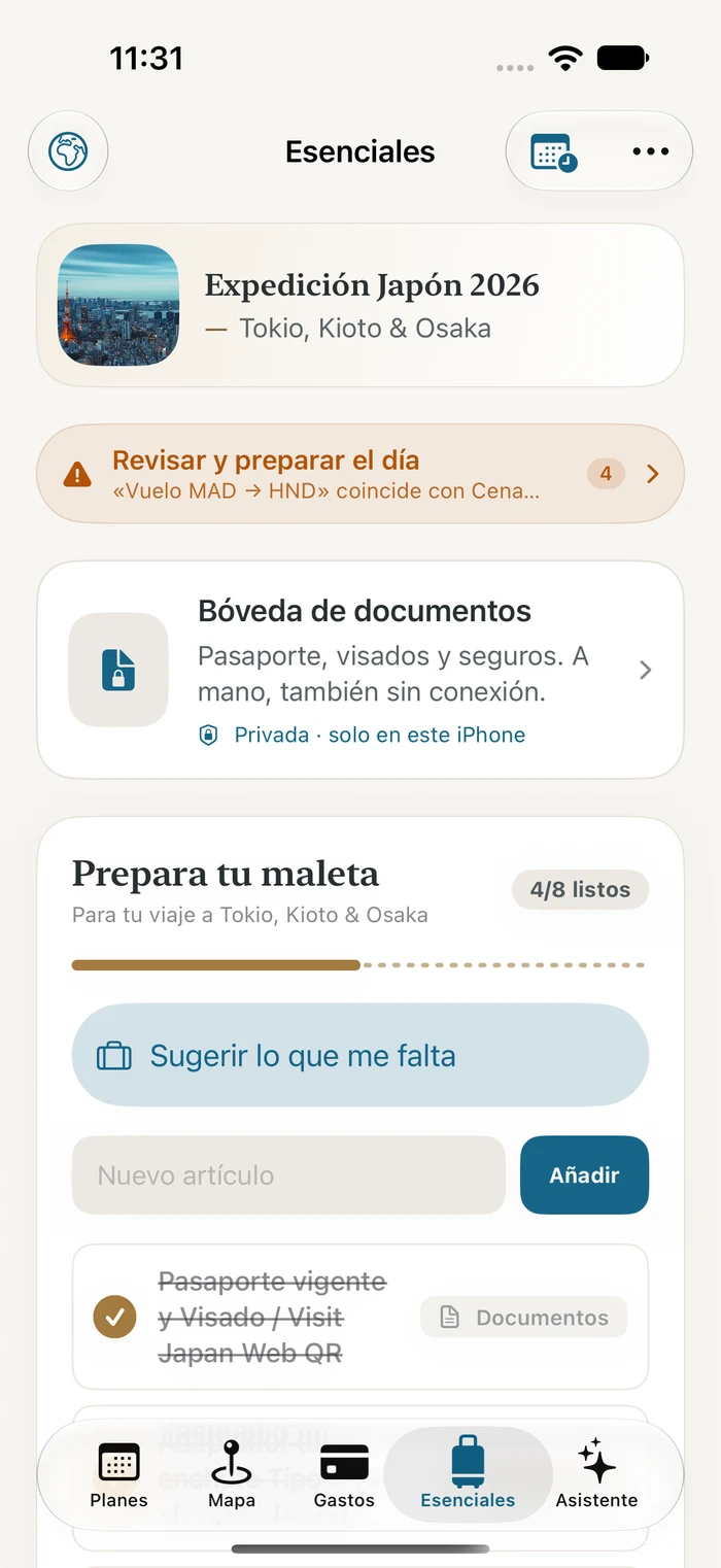 Current Traivu Essentials screen showing demonstration packing items and bookings