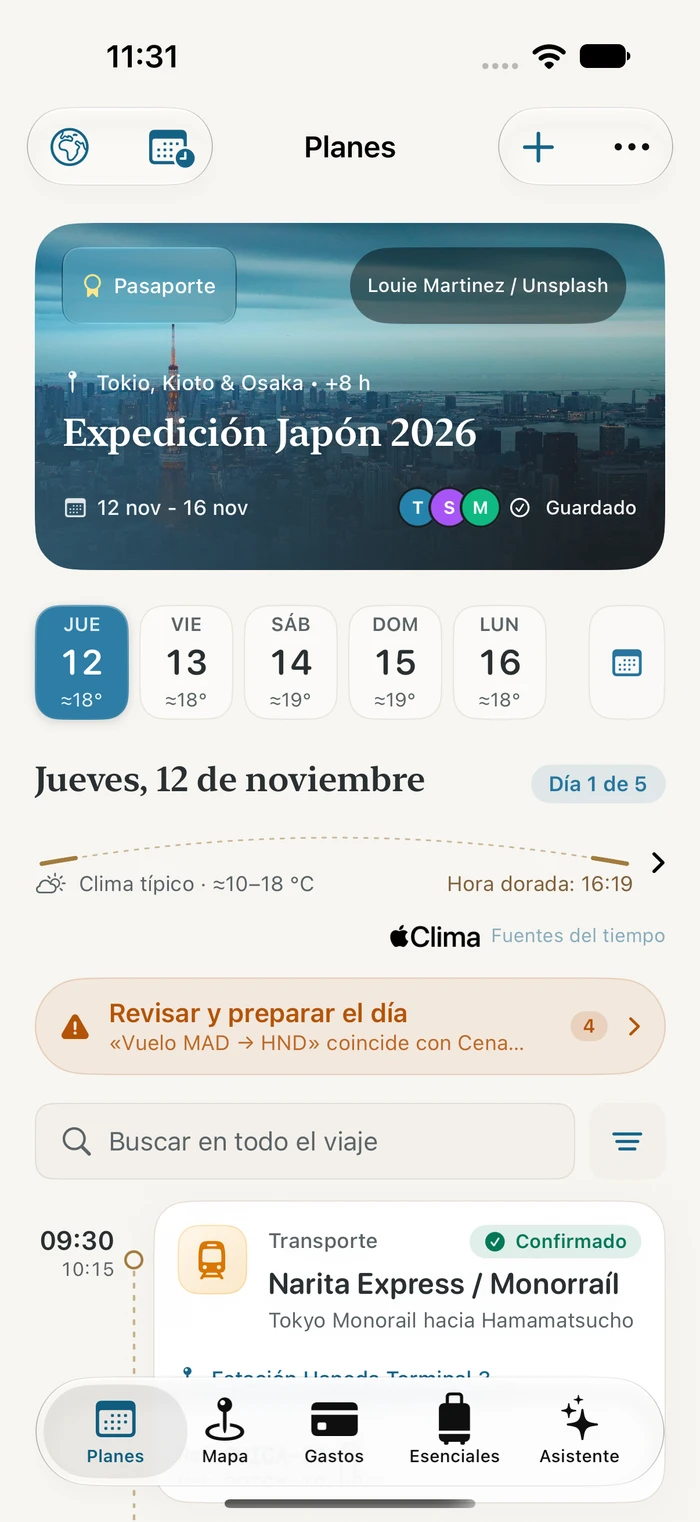 Current Traivu interface showing the agenda for a fictional trip to Japan