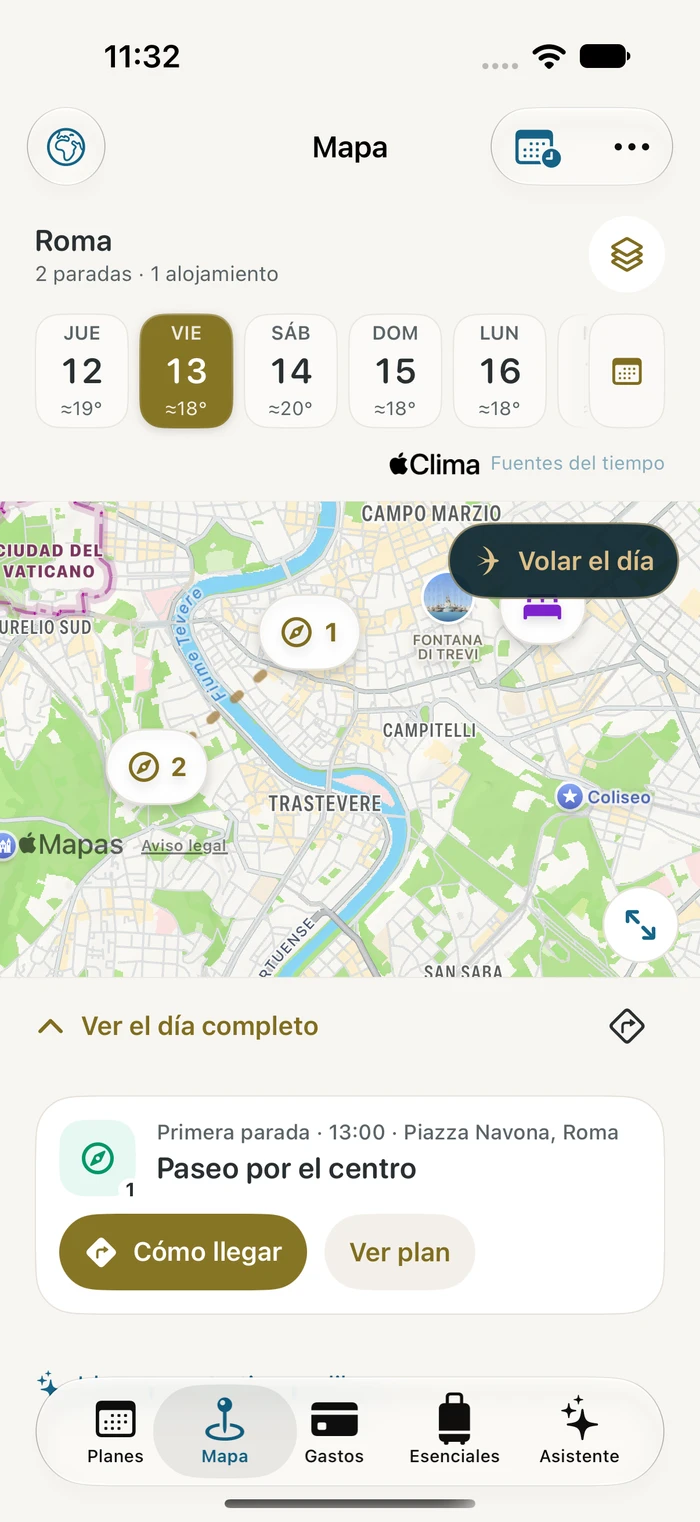 Current Traivu map with the golden route between two stops, the accommodation and the Fly the day button, for a fictional trip to Rome